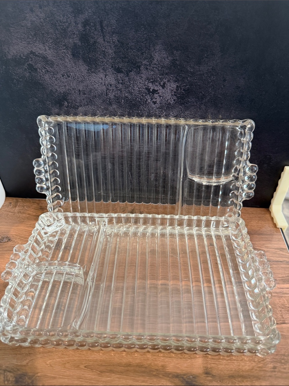 Vintage Clear Glass Vanity Tray with Built-In Cup Holder by.   Set of 3
